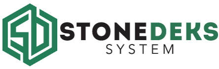 StoneDeks system logo showcasing a modern, low-maintenance decking solution for luxurious outdoor spaces.