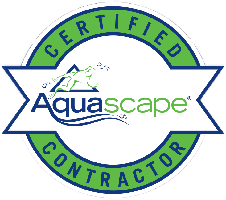 Certified Aquascape Contractor logo featuring a frog and water design, symbolizing expertise in creating therapeutic water features for landscaping.