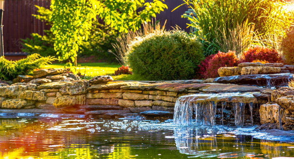 Fish pond with a rock border and waterfall