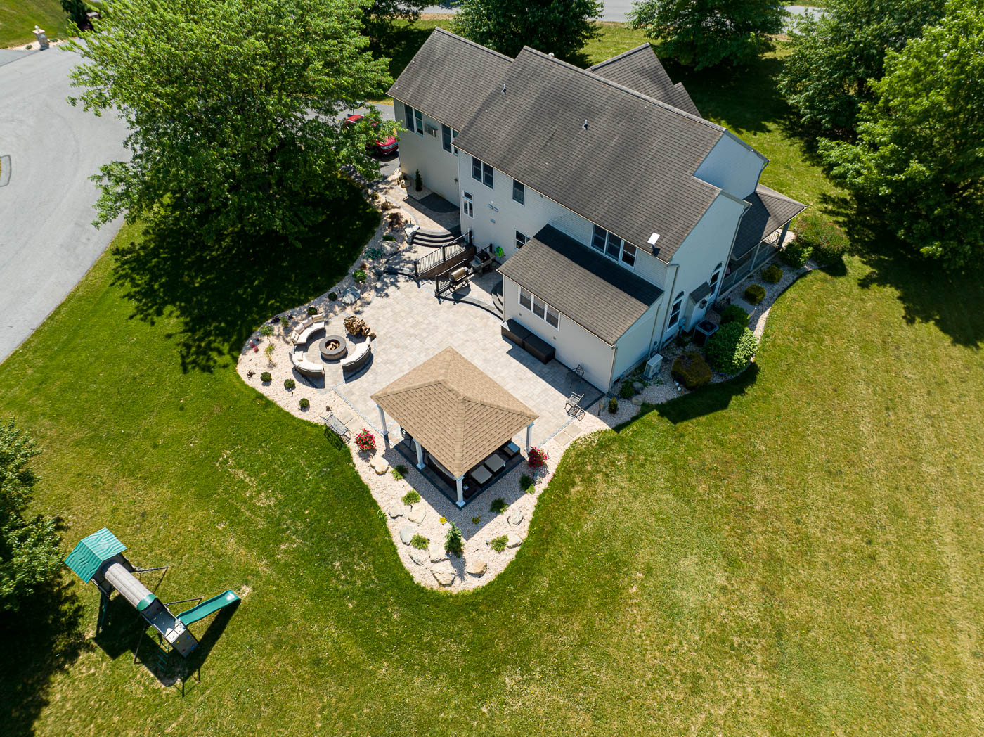 Aerial view of a gazebo and adjoining patio